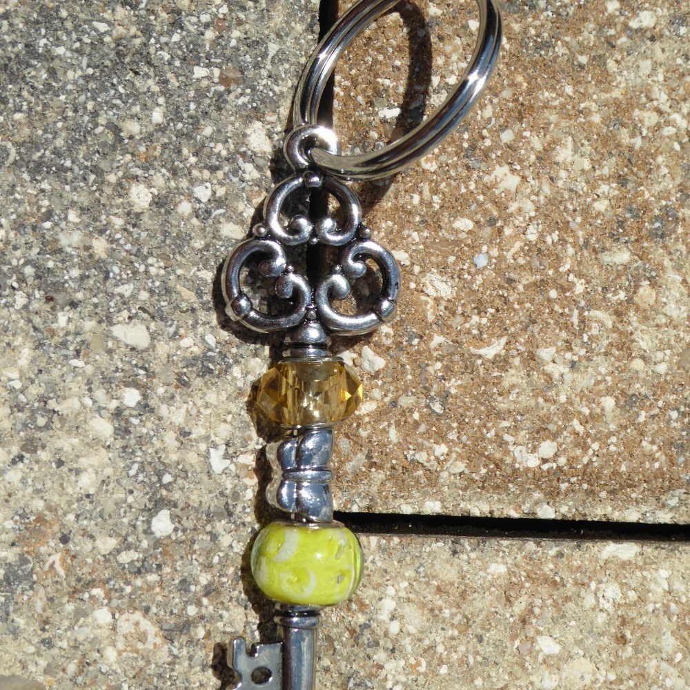Handmade Keychain Butterfly Yellow Glass Amber Bea